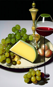 Still life picture with wine, cheese, and grapes. AE-generated digital illustration