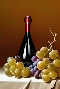Still life picture with a wine bottle, cheese, and grapes. AE-generated digital illustration
