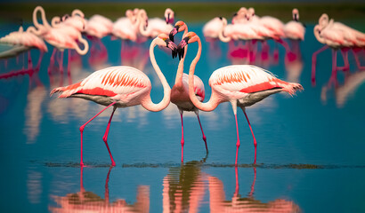 Flock of Pink Caribbean flamingos in water. digital art	