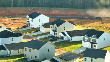 View from above of densely built residential houses under construction in south Carolina residential area. American dream homes as example of real estate development in US suburbs