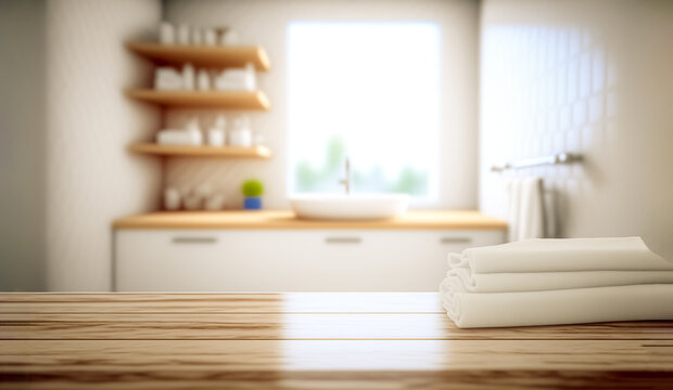 Empty wooden table top for product display with blurred bathroom interior background	