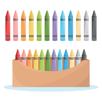 Crayons vector illustration on white background. Kindergarten children often use crayons drawing. Different color crayons are red, pink, blue, green, purple..in box. School supplies and painting tool.