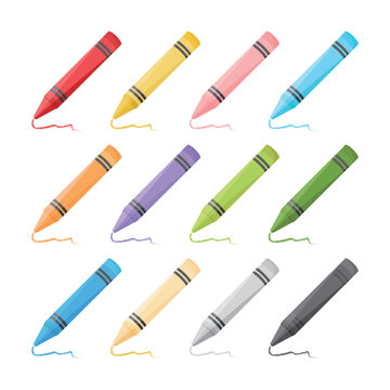 Crayons vector illustration on white background. Kindergarten children often use crayons drawing. Different color crayons are red, pink, blue, green, purple, orange..School supplies and painting tool.