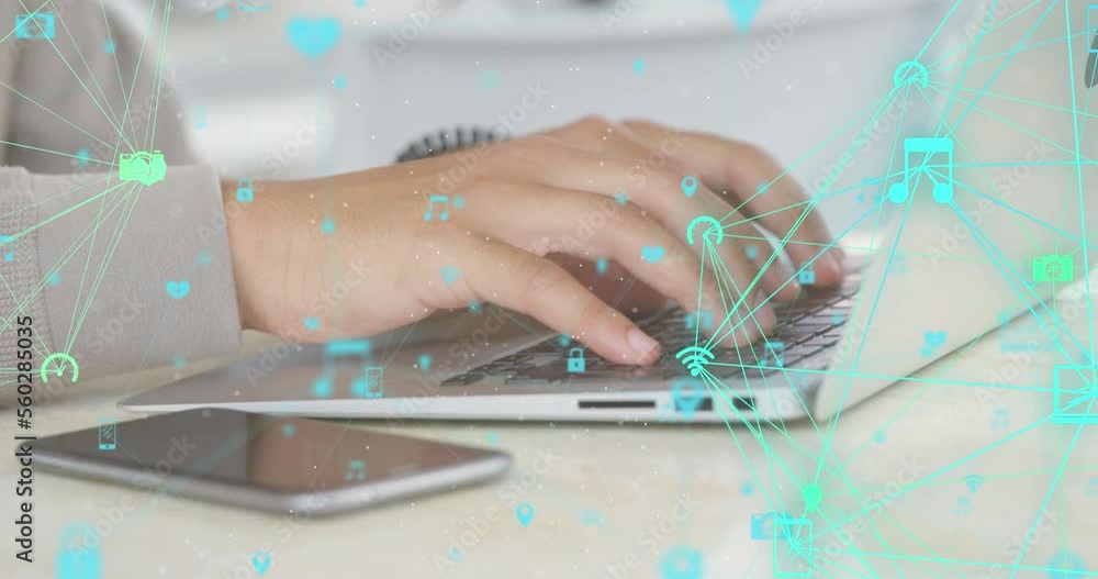 Poster animation of data processing and networks over man using laptop