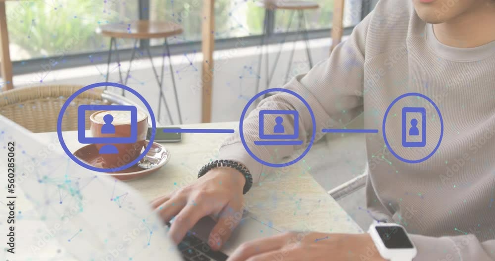 Poster animation of data processing and networks over man using laptop