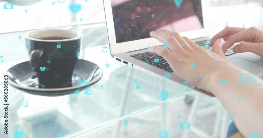 Poster animation of data processing and networks over woman using laptop