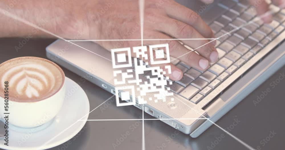 Poster animation of qr code, data processing and networks over man using laptop