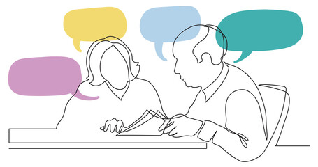 senior man and woman talking  together with speech bubbles - PNG image with transparent background