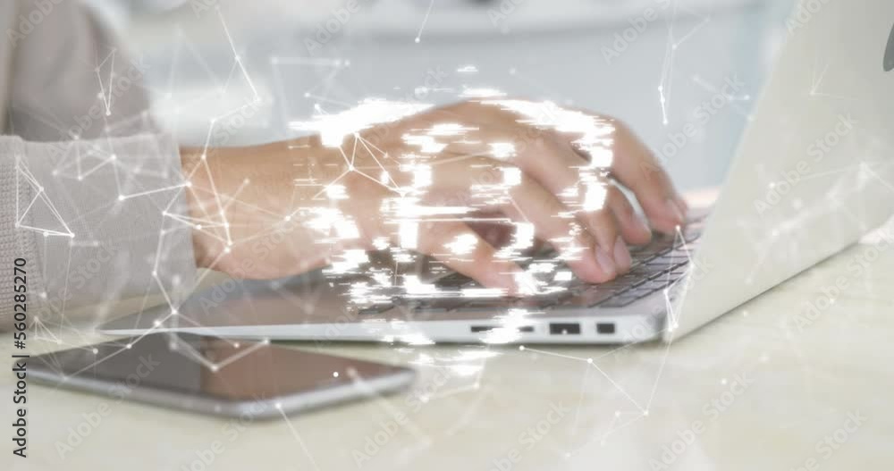 Poster animation of padlock, data processing and networks over man using laptop