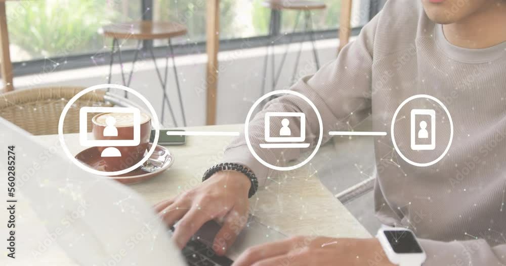 Poster animation of data processing and networks over man using laptop