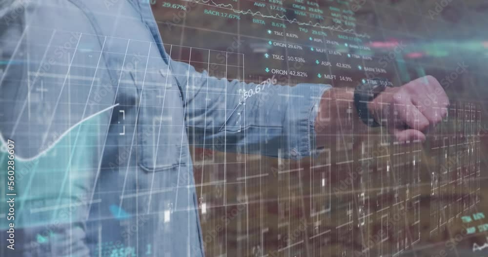 Poster animation of data processing over caucasian businessman using smartwatch
