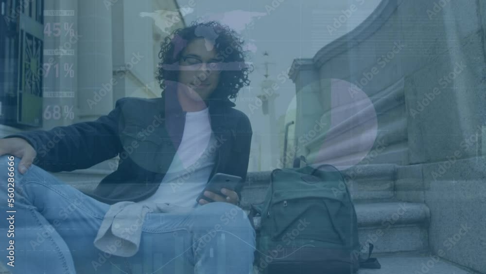 Poster animation of financial data processing over man using smartphone