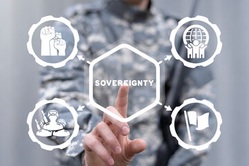 Soldier using virtual touchcreen presses word: SOVEREIGNTY. Concept of sovereignty. National Sovereignty Day. Military supprt, defense, achieve independence.