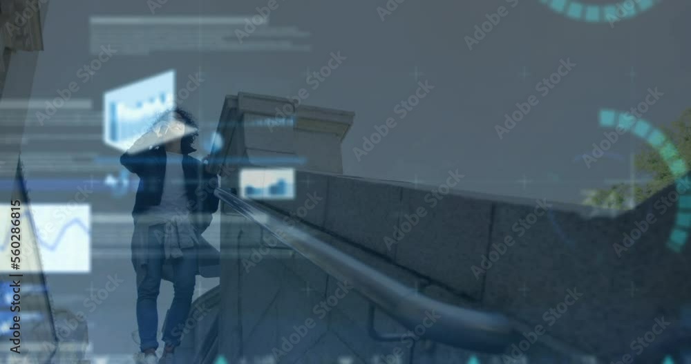 Aufkleber animation of financial data processing over man using smartphone