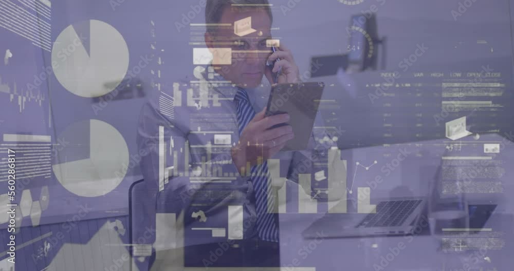 Aufkleber animation of financial data processing over businessman using smartphone