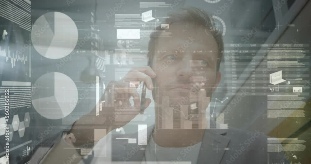 Poster animation of financial data processing over man using smartphone