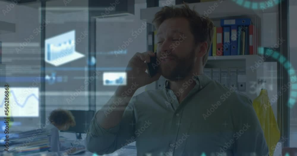 Poster animation of financial data processing over man using smartphone