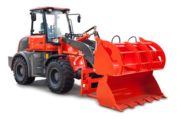 Red excavator with interchangeable attachments  over white background