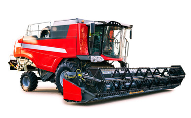 Red combine harvester, agriculture machinery over white, with clipping path.