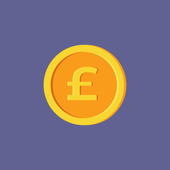 Golden coin with pound sterling sign. Coin icon isolated on background. Vector illustration.