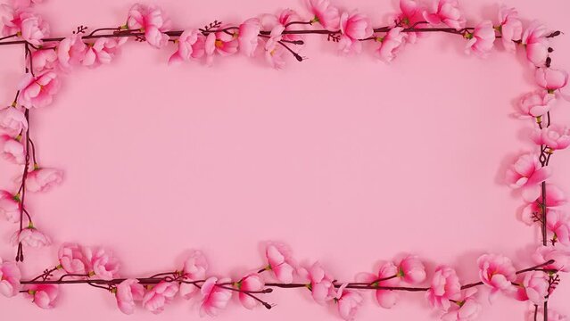 Spring romantic frame with copy space made of flowers bloom on pastel pink background. Stop motion