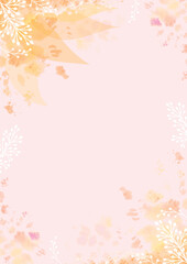 水彩絵の具と植物で彩った春らしい淡いピンクの背景