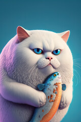 Cat in 3D eating raw fish, feline eats. Generative AI.
