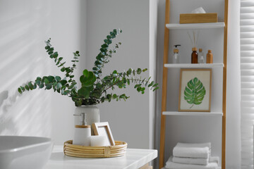 Vase with eucalyptus branches and toiletries near vessel sink in bathroom, space for text. Interior...