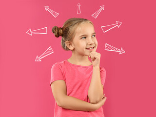 Choice in profession or other areas of life, concept. Making decision, cute little girl surrounded by drawn arrows on pink background