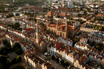 Aerial drone view of Gdansk, Poland. Old town during sunset.