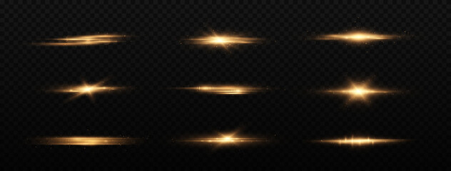 Golden horizontal lens flares pack, laser beams, light flare. Luminous abstract sparkling lines.