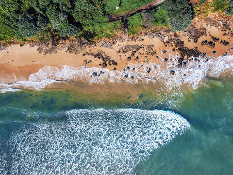 Aerial drone view on Mooloolaba beach ocean Mooloolaba Beach travel concept Queensland Australia 
