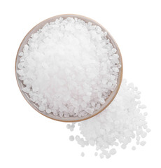 Ceramic bowl and heap of natural sea salt isolated on white, top view