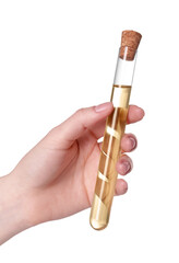 Woman holding test tube with light brown liquid on white background, closeup