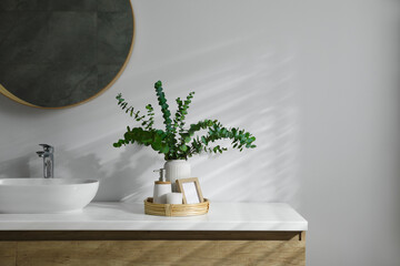 Stylish mirror, eucalyptus branches and vessel sink in modern bathroom. Interior design
