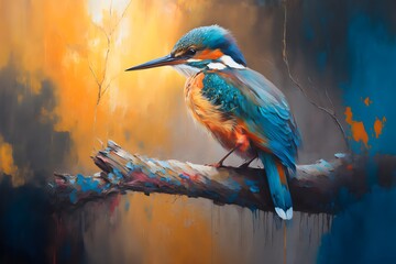 This realistic painting illustration, depicts a hummingbird perched on a branch. The vibrant colors...