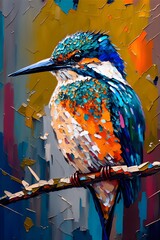 This realistic painting illustration, depicts a hummingbird perched on a branch. The vibrant colors and intricate details make it come to life, giving the viewer a sense of serenity and beauty