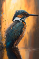This realistic painting illustration, depicts a hummingbird perched on a branch. The vibrant colors and intricate details make it come to life, giving the viewer a sense of serenity and beauty