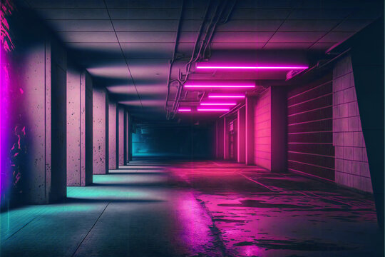Neon Lights Grunge Sci Fi Underground Garage Car Room Cement Asphalt Concrete Brick Wall Realistic pink purple Colors Cyber Background 3D