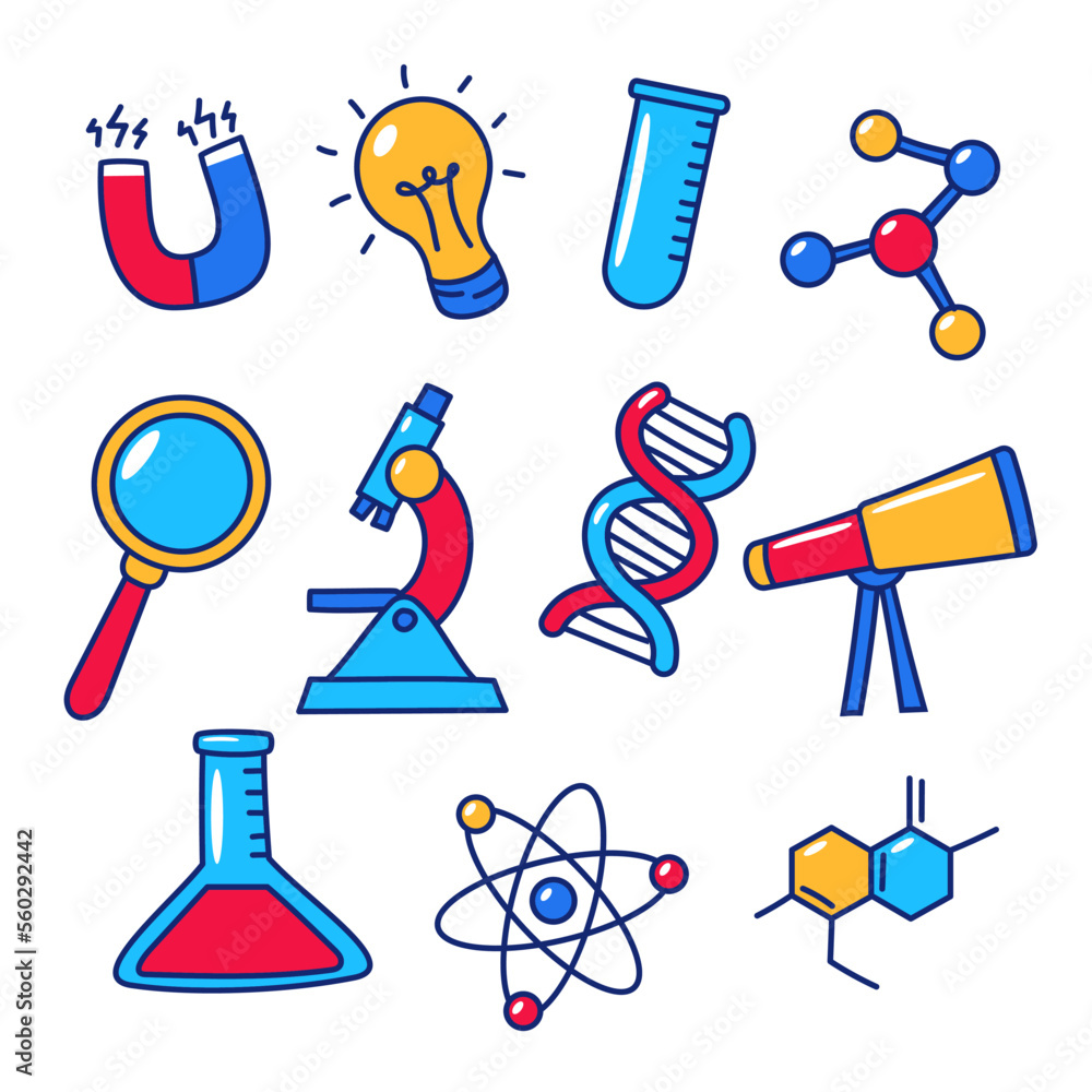 Wall mural set of science elements vector illustration with colorful hand-drawn style isolated on white backgro