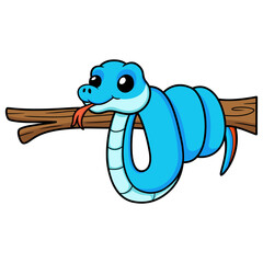 Cute blue snake viper cartoon on tree branch