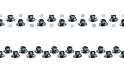 2 seamless borders of watercolour grey coffee cups and saucers with dots on transparent background. For duct tape, recipe, menu, cookbook, stationery and packaging design