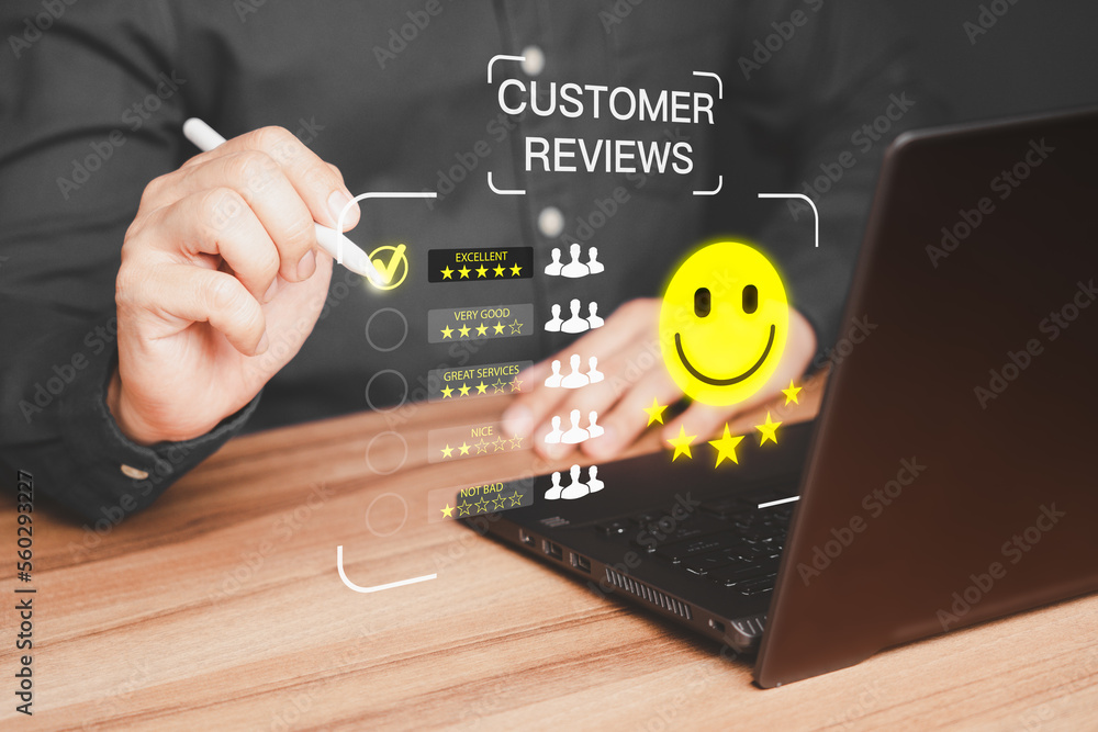 Aufkleber man hand using computer laptop with popup five star icon for feedback review satisfaction service an