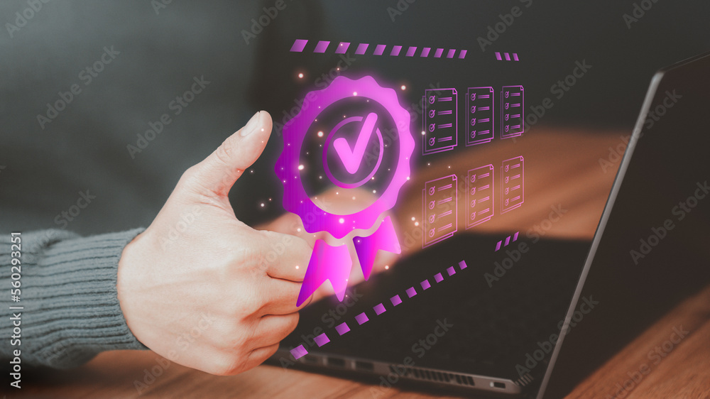 Poster businessman working with sign of the top service quality assurance on virtual screen. guarantee, sta