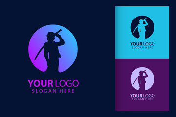 Samurai man in cyberpunk logo. Colorful symbol template design with soft background. Abstract vector branding.