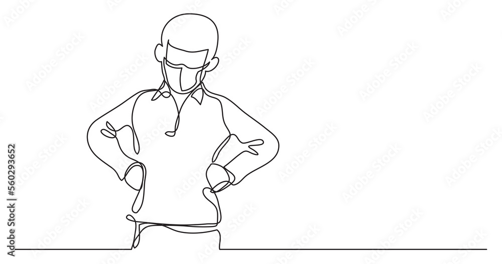 Poster continuous line drawing angry boy with arms on hips wearing face mask - png image with transparent b