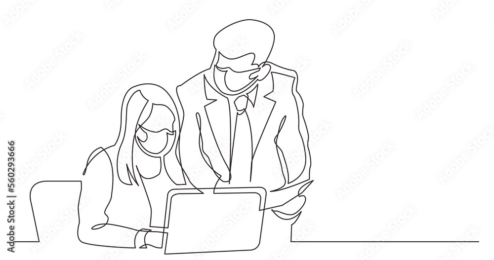 Poster continuous line drawing boss and employee discussing work task wearing face mask - png image with tr