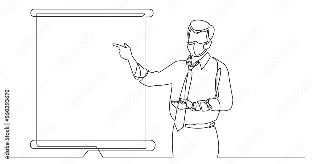 Poster continuous line drawing business coach showing on presentation screen wearing face mask - png image 