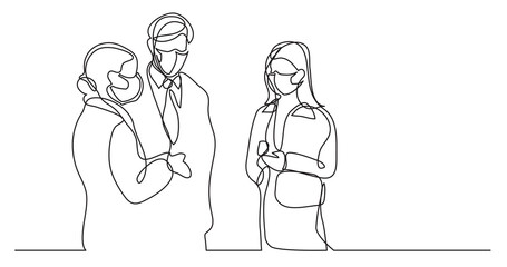 continuous line drawing business people talking wearing face mask - PNG image with transparent background