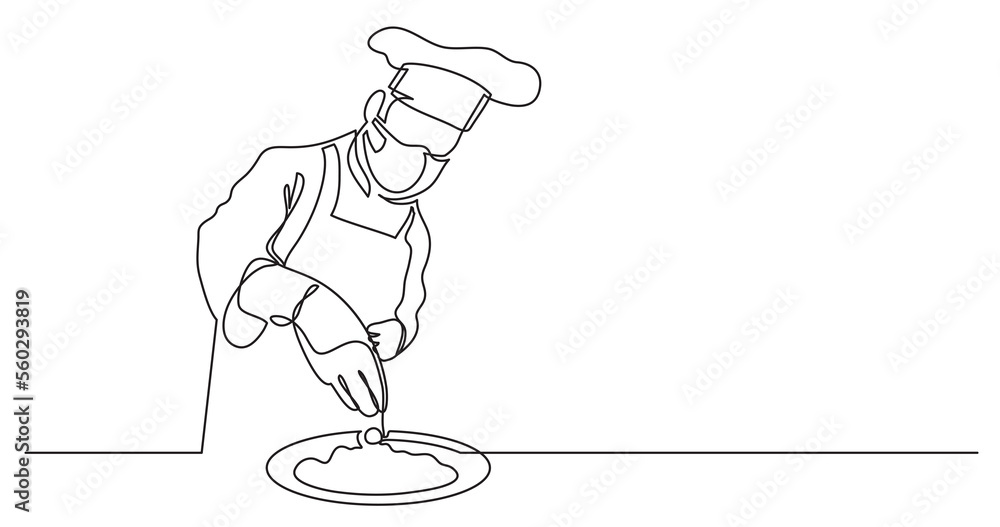 Poster continuous line drawing chef finishing meal wearing face mask - png image with transparent backgroun